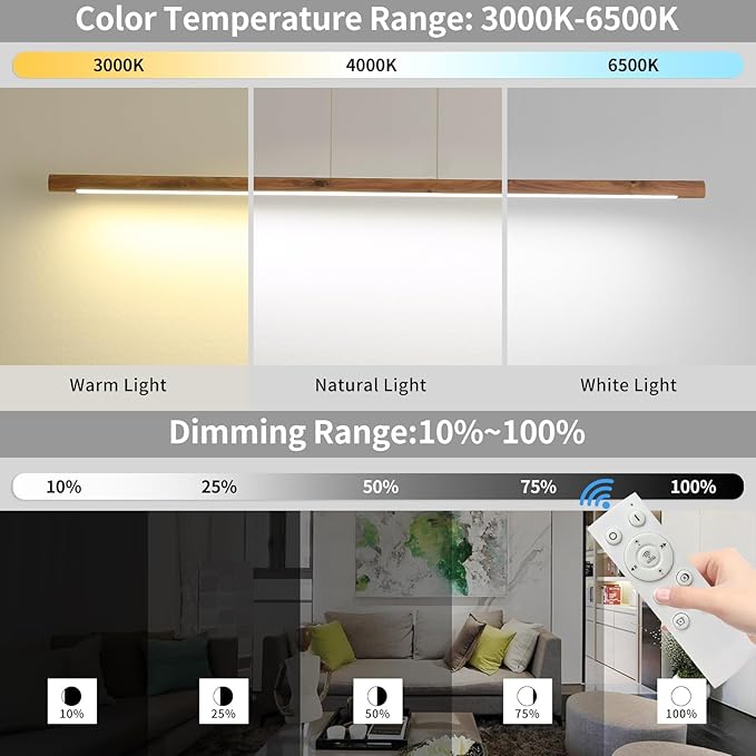 Modern Wooden Pendant Light, 47IN Walnut Wooden Chandelier with Remote Control 3000k-6500K Adjustable Color Temperature，Aluminum Island Lighting Lamp for Dining Room, Living Room, Kitchen