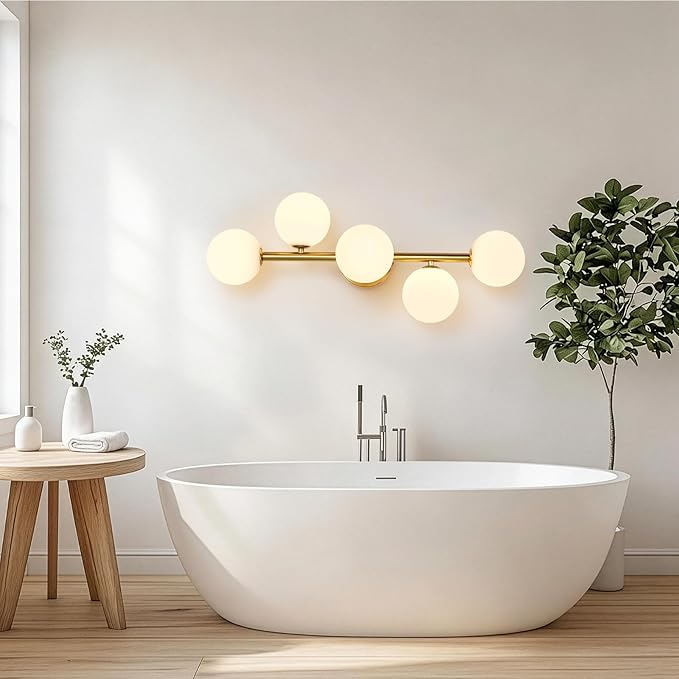 Gold Brass Globe Vanity Light - Vintage Milk Glass Wall Sconce - Sphere Alabaster Single Lights Fixture - Mid Century Modern White Wall Mounted Sconces for Bathroom Bedroom Living Room Entryway Porch