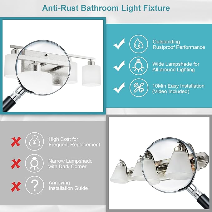 Bathroom Lights Over Mirror Brushed Nickel, Anti-Rust 4-Light Bathroom Vanity Light Fixtures, Modern 24Inches Wall Sconces E26 Base, Milky White Glass Shades, Bulbs Not Included