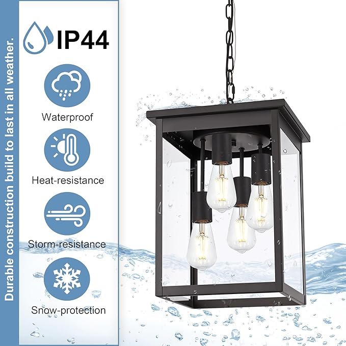 TODOLUZ 4-Light Large Outdoor Pendant Light Fixtures in Oil Rubbed Bronze, Adjustable Height Porch Hanging Lighting for Yard Entryway Patio, E26 Base Exterior Ceiling Lantern