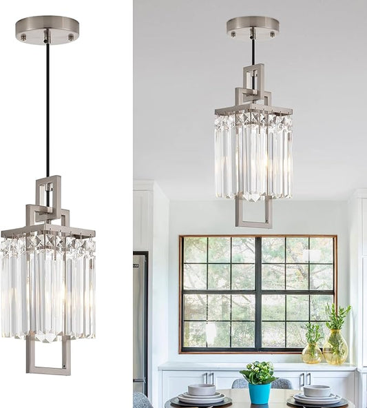 Modern Brushed Nickel Pendant Light Fixture for Kitchen Island and Dining Room, Industrial Small Hanging Crystal Chandelier Light Fixture for Bedroom Entryway Living room Foyer Hallway 1-Pack