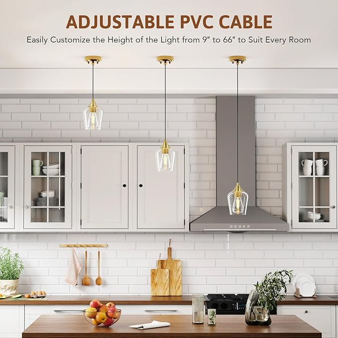 VONLUCE Pendant Lights Kitchen Island, Brushed Gold Pendant Light Fixtures with E26 Base & Adjustable Cable, Modern Pendant Lighting with Glass Shade for Living Room Bedroom Hallway, 3 Packs