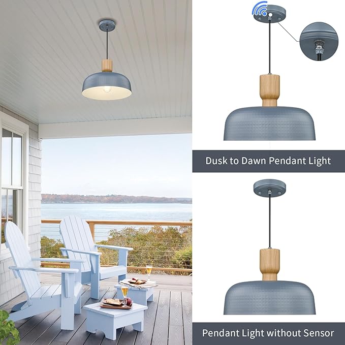 Industrial Pendant Lights 2 Pack Blue, 12.4 inch Farmhouse Pendant Light with Dusk to Dawn Sensor, Adjustable Hanging Light Fixtures with Hammered Metal Shade for Kitchen Island