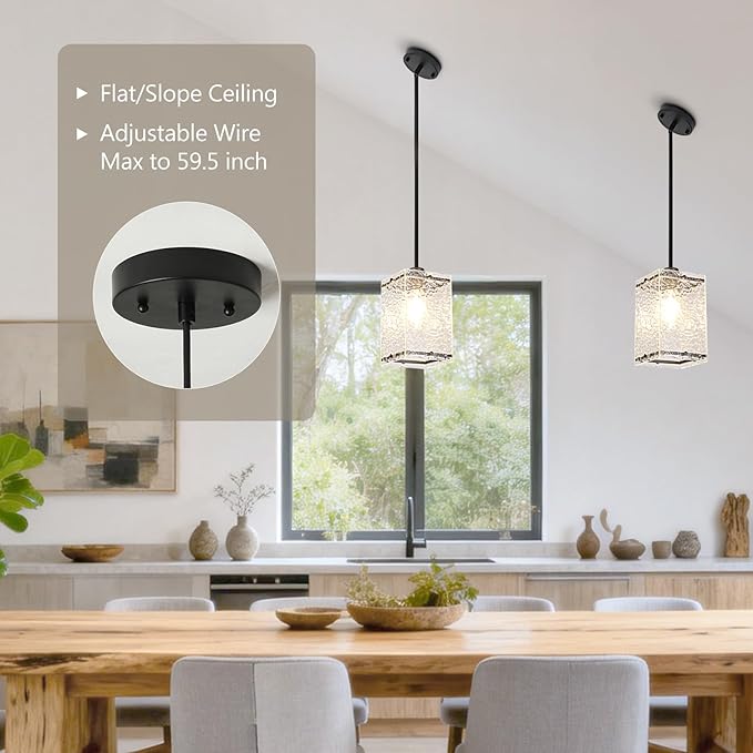 Water Ripple Glass Pendant Lights Black Pendant Lights Kitchen Island Adjustable Modern Hanging Pendant Light Fixtures for Sink Kitchen Dining Room Foyer Entryway, 3 Pack