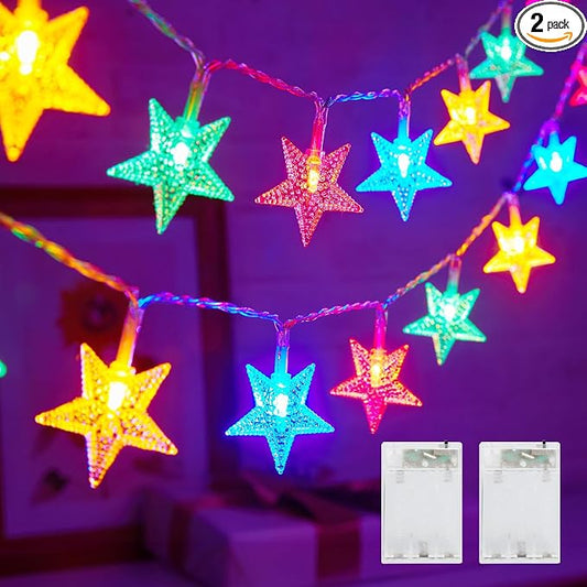 Minetom Star String Lights Battery Operated - 2 Pack 17 ft 50 LED Star Fairy String Lights with Timer, Waterproof for Indoor Bedroom Tent Loft Bed Patio Party Wedding Decor, Multi-Color