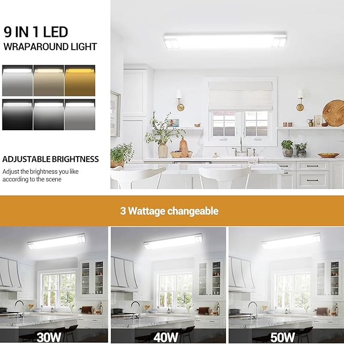 ANTLUX 4FT LED Light Fixtures, 3000K 4000K 5000K Selectable, 30W/40W/50W Dimmable 4 Foot Kitchen Ceiling Light Fixture, 48 Inch Flush Mount LED Wraparound Puff Lights for Kitchen, Laundry, Office