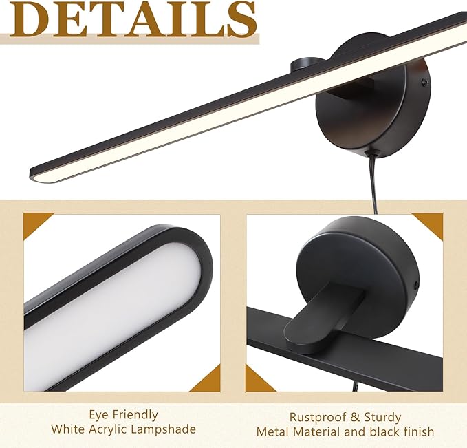 32" Plug in Bathroom Vanity Light Fixtures Modern Black Vanity Lights Over Mirror, 3000k Warm Light Non-Dimmable 18w Eye-Friendly Picture Light Led Wall Lights for Art,Poster,Gallery
