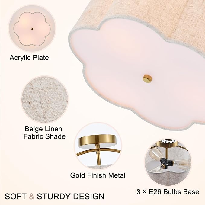 13.78" Semi Flush Mount Ceiling Light Modern 3-Lights Gold Drum Ceiling Light Fixture with Fabric Linen Shade, Vintage Modern Ceiling Lighting for Laundry Room, Kitchen, Basement, Bedroom