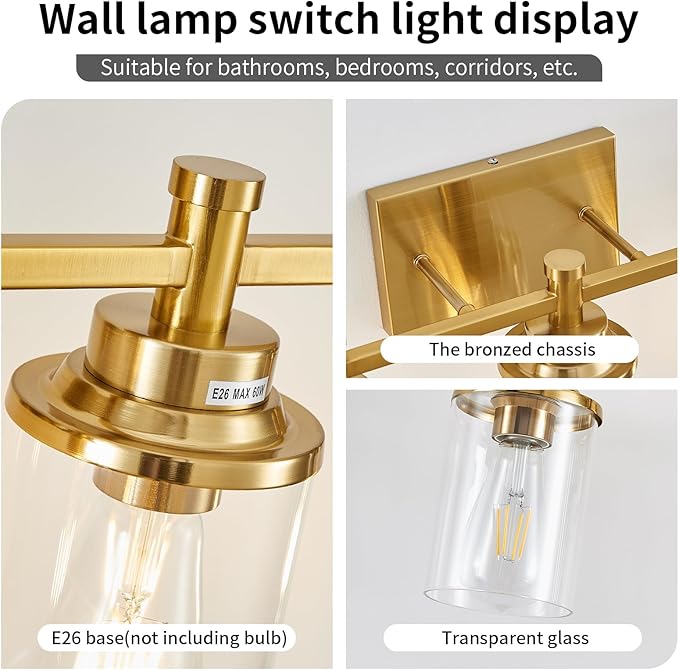 5-Light Modern Vanity Lights Over Mirror, Brushed Brass Bathroom Sconce with Clear Glass Shade