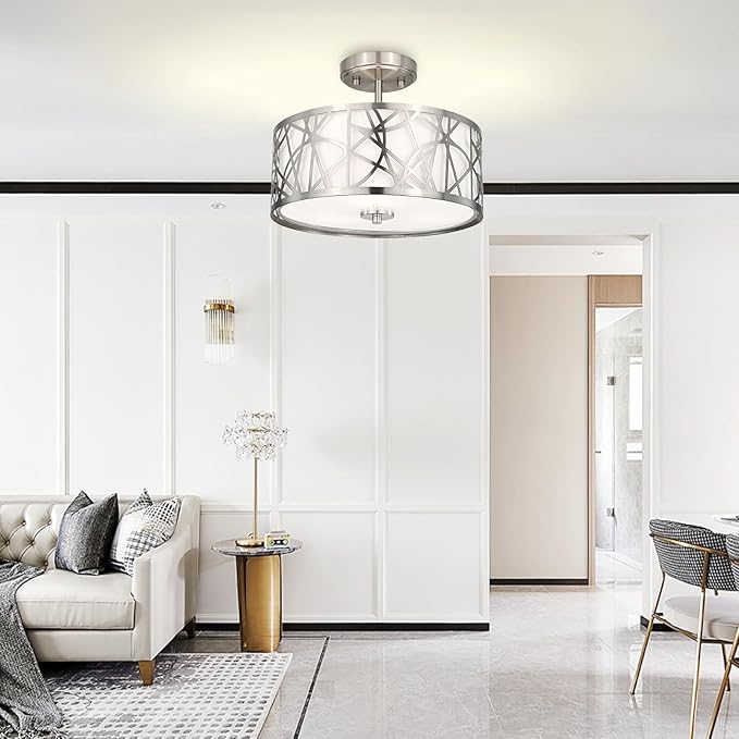 3-Light Semi Flush Mount Ceiling Light, 12.6" Drum Light with White Fabric Shade, Modern Close to Ceiling Lamp for Living Room Bedroom Dining Kitchen Hallway Entry Foyer (Brushed Nickel)