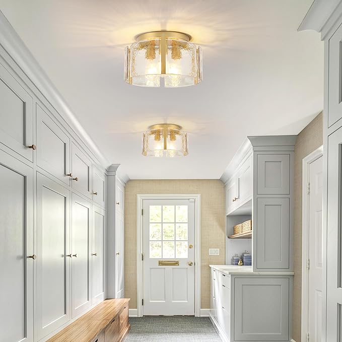 Gold Semi Flush Mount Flush Mount Ceiling Light,15''Modern Hallway Light Fixtures Ceiling Mount,3-Light Drum Glass Ceiling Lights for Kitchen Entryway Foyer Dining Room Bedroom Laundry