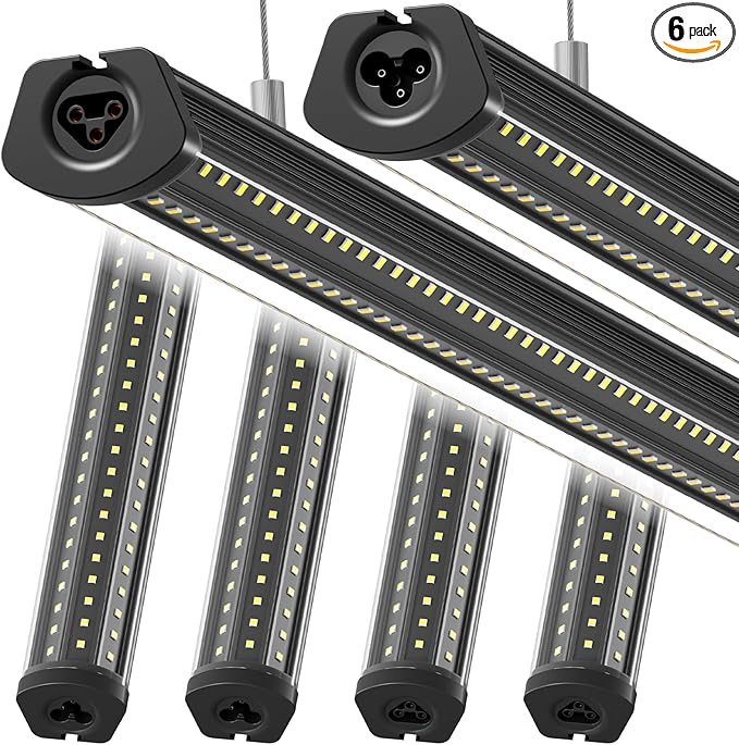 Barrina T8 LED Shop Lights 8FT, 140W 17000LM 5000K, U-Shaped 3 Rows LED Garage Lights, Linkable, Hanging & Flush Mount, 8 Foot Commercial LED Shop Lights for Garage, Workshop, Kitchen, 6 Packs, Black