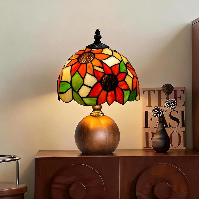 12.2" Handcrafted Sunflower Tiffany Lamp, Solid Wood Sphere Base, Stepless Dimmable Bedside Lamp for Reading Nook, Library & Mid-Century Decor, Aesthetic Antique Art Gifts, G45 LED Bulb Included