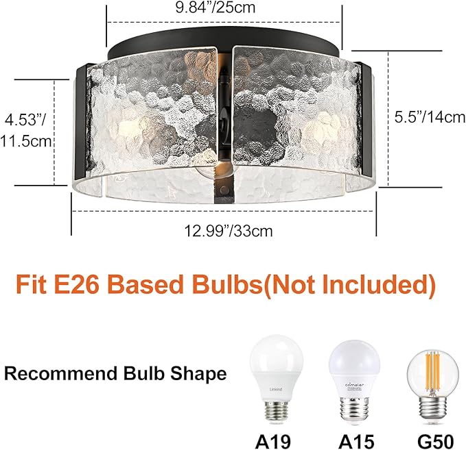 CLAXY Farmhouse Ceiling Light Fixture 3-Light Black Hallway Ceiling Light with Handmade Textured Glass Drum Shade, Dimmable Flush Mount Light for Bedroom Entryway Kitchen