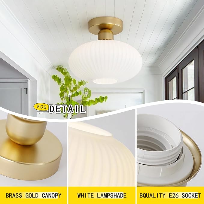 KCO Lighting Mid Century Modern Large Semi Flush Mount Ceiling Light Fixture White and Gold Living Room Flush Mount Ceiling Light Vintage Milk Glass Globe Close to Ceiling Light