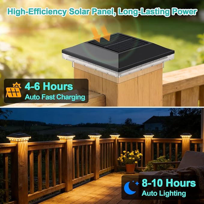 Brightever 4x4 Solar Post Cap Lights Outdoor with 3 Lighting Modes, 6-Pack Solar Powered Fence Post Lights Waterproof Fits Wooden/Vinyl Posts, Solar Deck Post Lights for Garden Patio Porch, Black