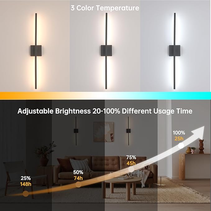 Shenmoyl Battery Operated Wall Sconce Set of 2, 10400mAh Rechargeable Wall Lights, 3000K-6000K Dimmable, 350°Rotate, Indoor Wall Sconces with Remote for Bedroom Living Room Bathroom, Black, 31.5 Inch