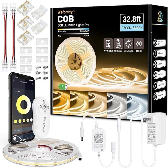 COB LED Strip 32.8ft, Dimmable 2700K-6500K High Bright Dotless LED Tape Light with Remote and APP Control, 6080LEDs, DC24V, CRI>90, 8mm Width, Warm White to Cool White LED Strip Lights for Bedroom