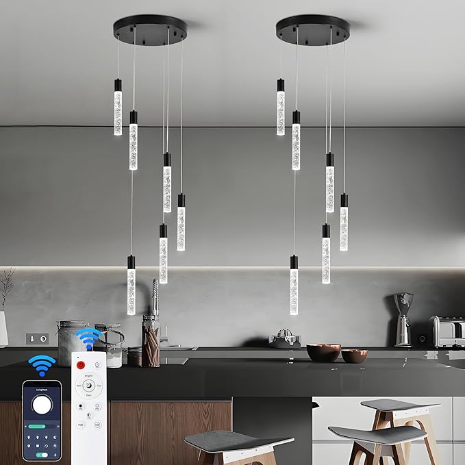 6-Light Matte Black Integrated Crystal Pendant Chandelier,Dimmable LED Ceiling Light with Adjustable Height for Kitchen Island, Dining Room & Bedroom 3000K -6000K