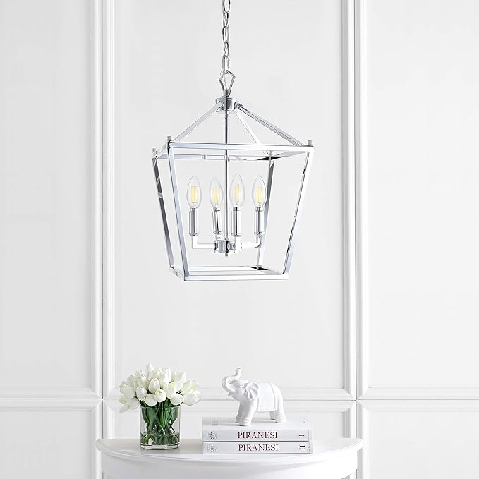 JONATHAN Y 12" Chrome Lantern Pendant Light, 1-Light Pagoda Style Metal Cage Farmhouse Hanging Ceiling Fixture for Kitchen Island, LED Bulb Included (JYL7436C)