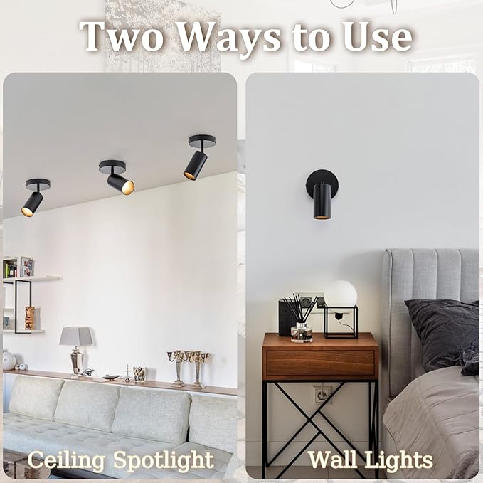 LED Spotlight Indoor 2 Pack Black Ceiling Spotlight Fixtures Adjustable 90° Anti-Glare Spot Lights, Ideal for Living Room, Paintings, Wall Art and Artwork, Warm White 3000K
