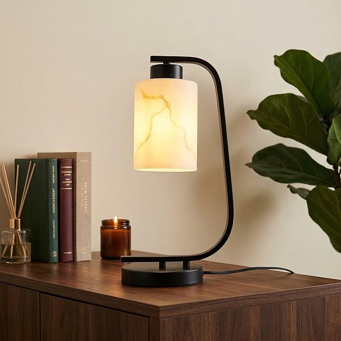 Modern Industrial Table Lamp, Marble Pattern Glass Shade Desk Lamp with C-Shaped Black Metal Base, Bedside Nightstand Lamp for Bedroom, Living Room, Office, E26 Base