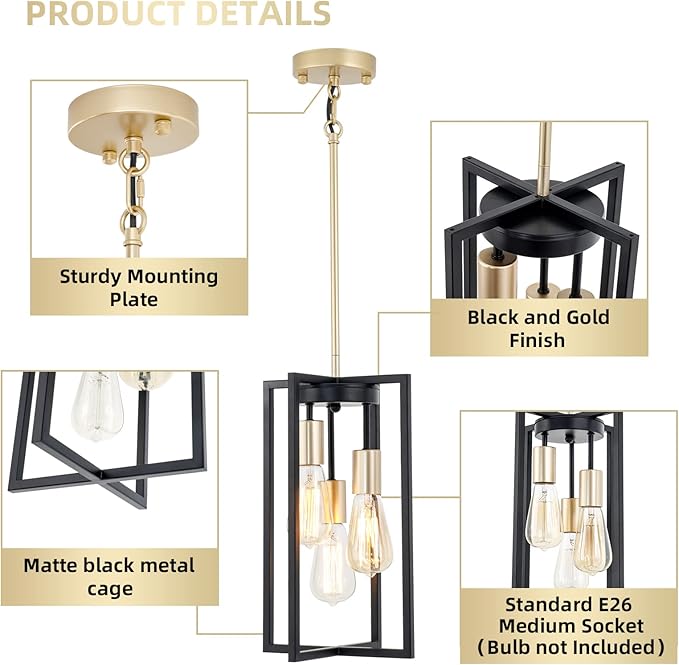 Industrial Farmhouse Pendant Lights,Rectangle 3-Light Modern Black and Golden Chandelier,Geometric Metal Cage Adjustable Rods Pendant Lighting Fixture for Kitchen Island Dining Room Living Room Foyer