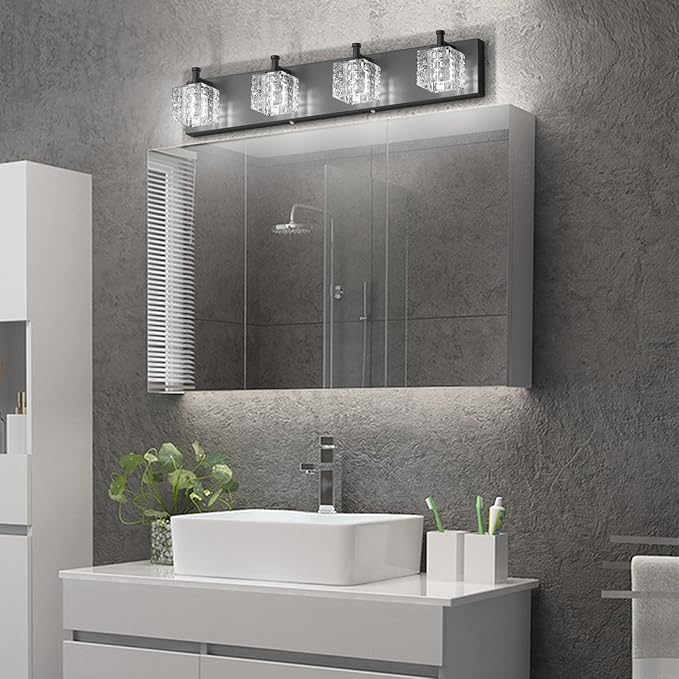 Ralbay Crystal Vanity Lights - 4 LED Modern Matte Black Bathroom Vanity Lights Over Mirror