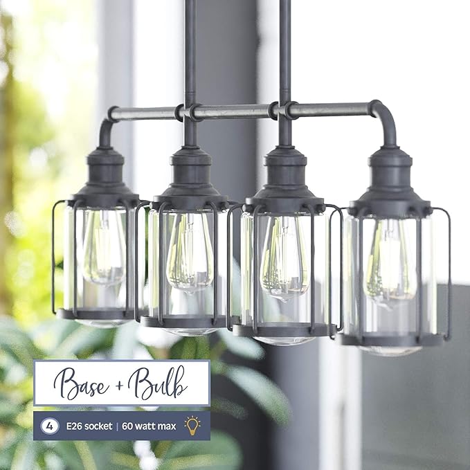 Prominence Home Lincoln Woods 4 Light Matte Black Industrial Kitchen Island, Pendant Light with Cage and Clear Glass - 51547-01