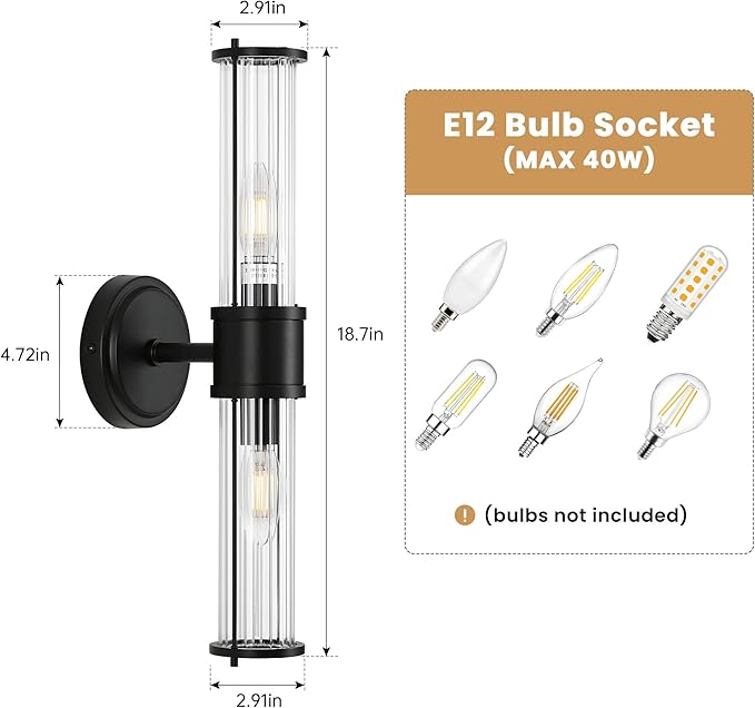 Wall Sconces Set of Two, Black Bathroom Sconces Wall Lighting - Modern Vanity Light Vertical and Horizontal Wall Mount 2-Light Indoor Wall Light for Hallway Living Room(E12 Bulbs Excluded)