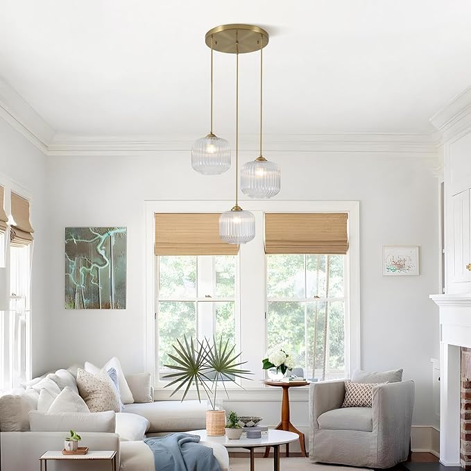 3 Light Hanging Pendant Light Fixture Brushed Gold Modern Pendant Cluster Lights Kitchen Island Industrial Adjustable Hanging Dining Room Lighting Clear Glass Cluster Chandeliers MPL30-3C