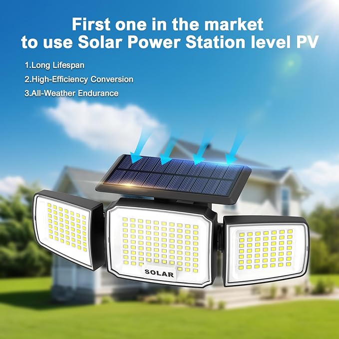 JEJOT Solar Security Light Outdoor Super Bright LED, Motion Sensor Flood Light, 3 Heads 270° Wide Angle,Remote Control, IP65 Waterproof, 3 Modes (3 Packs)