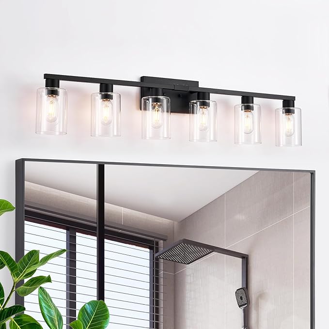 6-Light Bathroom Vanity Light Black ,Vanity Lights Rust Proof Moisture-proof Easy to Cleanwith Clear Glass Shades Large Black Bathroom Light Fixture for Bathroom for Mirror Bathroom Wall Light