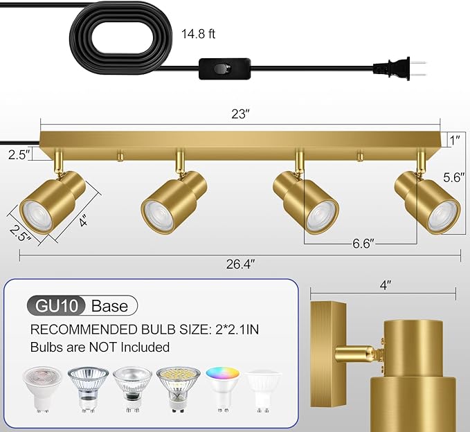 Plug in Track Lighting, 23" LED Track Light Fixtures Ceiling, Gold 4 Way Spotlight, Rotatable Light Head, Plug in Ceiling Light with Power Cord, Plug Wall Light for Kitchen Hallway Bar(GU10, NO Bulb)