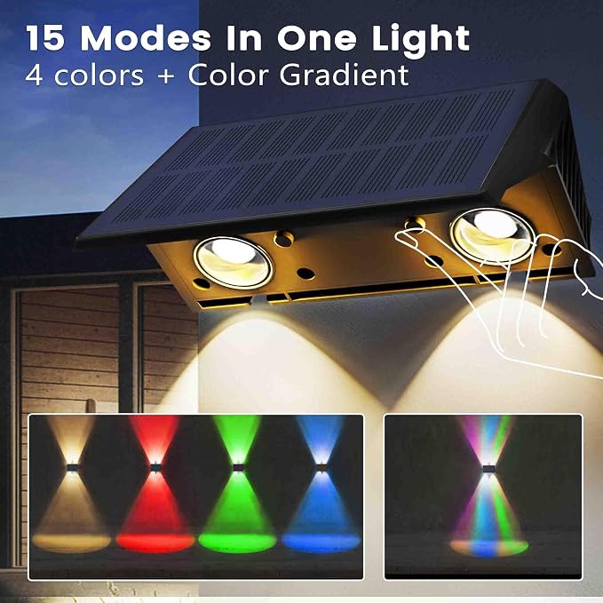 Fence Lights Solar Powered, 12-Pack Solar Fence Lights Up/Down Flexible Buttons, IP67 Waterproof for Outdoor, 100LM Bright, Auto Dusk to Dawn for Wall/Stairs/Yard/Railing/Deck/Pathway (White & RGB)