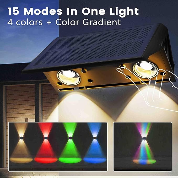 Fence Lights Solar Powered, 8-Pack Solar Fence Lights Up/Down Flexible Buttons, IP67 Waterproof for Outdoor, 100LM Bright, Auto Dusk to Dawn for Wall/Stairs/Yard/Railing/Deck/Pathway (White & RGB)