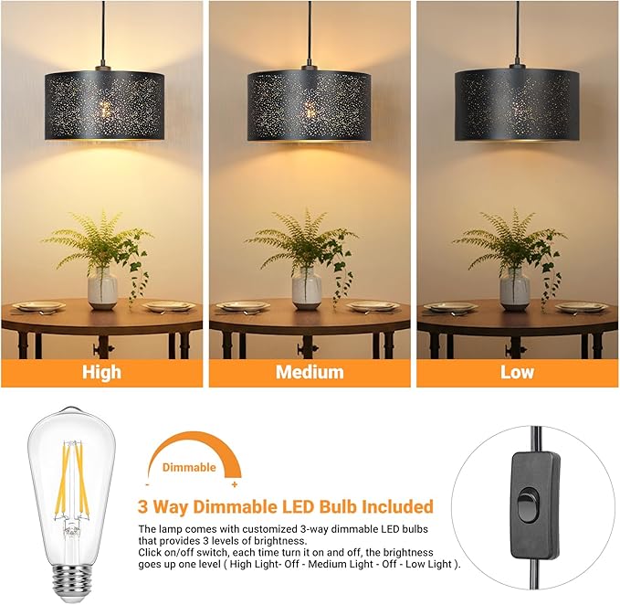 Qingmiao Plug in Pendant Light, Hanging Lamp Plug in with Metal Shade, 3-Way Dimmable Hanging Light Fixture for Living Room Bedroom Kitchen Ceiling Farmhouse Home Decor
