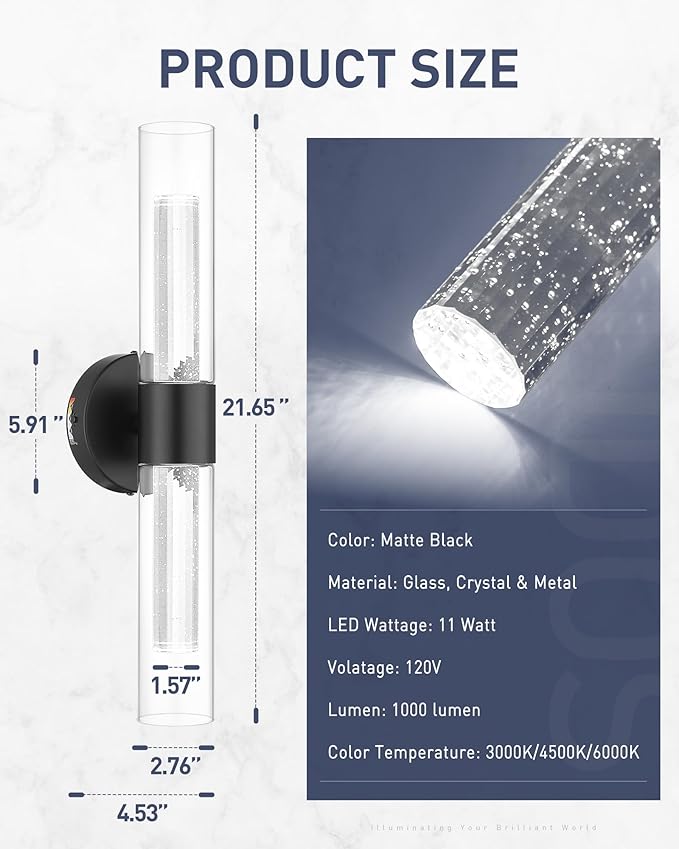 kudos Black Bathroom Sconces Wall Lighting, LED Wall Lights with Crystal Bubble and Clear Glass, 3000K/4500K/6000K Adjustable, KDVL05-BK-2