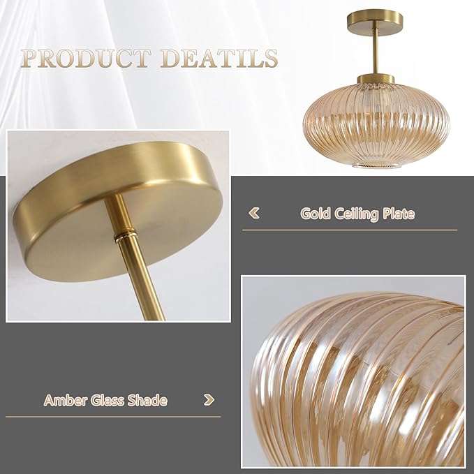 KCO Lighting Amber Bubble Glass Ceiling Light Mid Century Modern Semi Flush Mount Ceiling Lights Farmhouse Gold Flush Mount Ceiling Light Fixture Large for Hallway Entryway Porch