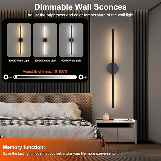 Tartek Battery Operated Wall Sconces Set of Two, Rechargeable Wall Lights with Remote Control, Dimmable 3000K-6000K LED Wall Lamp, 360°Rotate, Long Wireless Sconces for Living Room, Bedroom