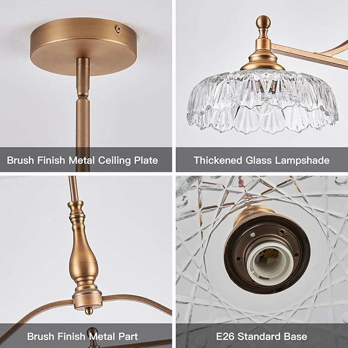 HDDFL Chandeliers Pendant Light Fixture Vintage Pendant Lighting Fixtures 3 Lights Chandelier Matte Brass Kitchen Glass Hanging Lamp for Island Dining Room Living Room