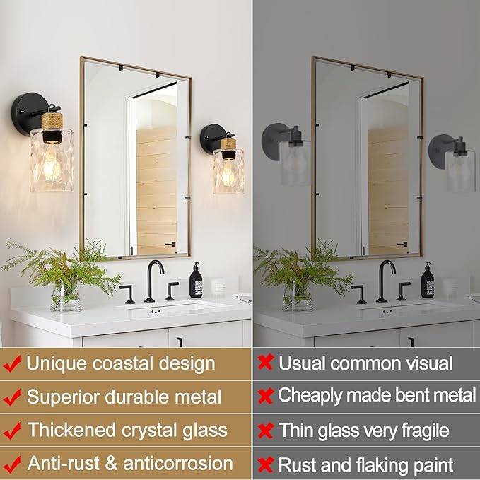 MOKATNG Set of 2 Wall Sconces for Bathroom, Coastal Modern Vanity Lights with Clear Glass Shade, Black Bathroom Wall Lamp for Mirror Kitchen Living Room Hallway Cabinet Porch