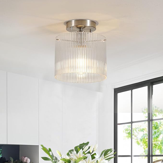 Modern Semi Flush Mount Ceiling Light, Industrial Clear Glass Ceiling Light Fixture, Crystal Ceiling Lamp, Modern Ceiling Lamps, Farmhouse Light for Entryway Hallway Kitchen Dining Room, Nickel