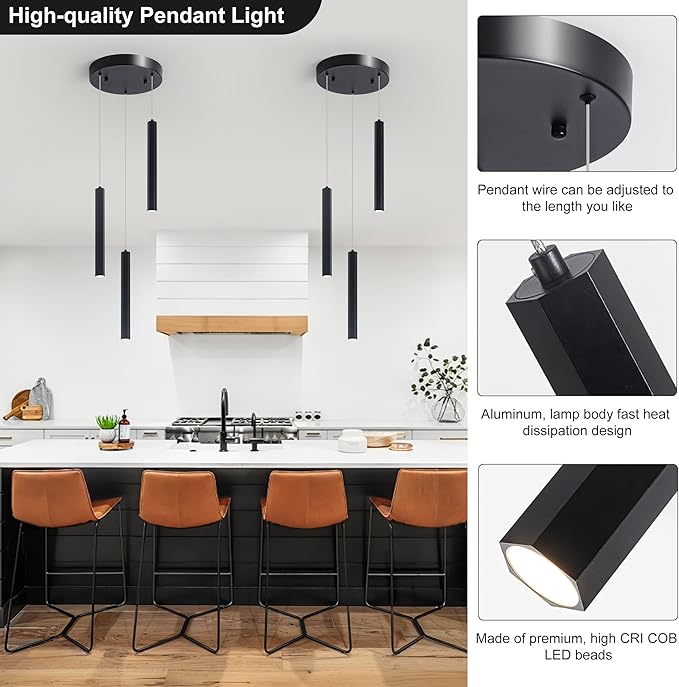 3-Light Modern Pendant Lights with Adjustable Height, Matte Black Finish Dimmable Hanging Light, 3000-6000K Pendant Lighting for Kitchen Island Dining Room (Black, 3-Light)