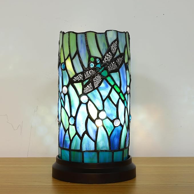 Tiffany Style Table Lamp for Bedroom Baroque Stained Glass Nightstand Bedside Night Lamp Party Light Hand-Made Art Home Deco Christmas Gifts W/ 2 LED Bulbs (3 Color Temperatures+Flame Bulb)