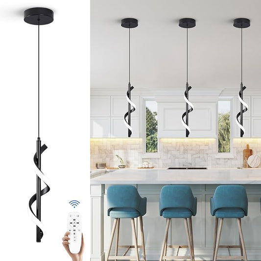 CANEOE Modern Spiral Led Pendant Light Fixture, 3000K-6000K Dimmable Modern LED Hanging Lamp, Adjustable Hanging Island Light Fixture for Bedroom Living Room Kitchen Sink, 1 Pack (Black)