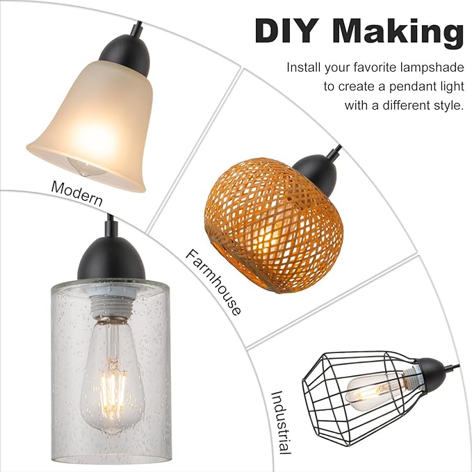 Black Pendant Light Fixtures Kit, Mini Single Kitchen Island Lights, DIY Make Modern & Farmhouse & Industrial Pendant Lights for Yourself, Adjustable Height （Shade and Bulb Not Included）