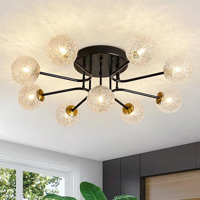Sputnik Semi Flush Mount Ceiling Light Black Glass Globe Ceiling Lighting Modern Close to Ceiling Light for Living Room Dining Room Bedroom Kitchen
