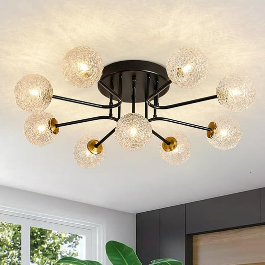 Sputnik Semi Flush Mount Ceiling Light Black Glass Globe Ceiling Lighting Modern Close to Ceiling Light for Living Room Dining Room Bedroom Kitchen