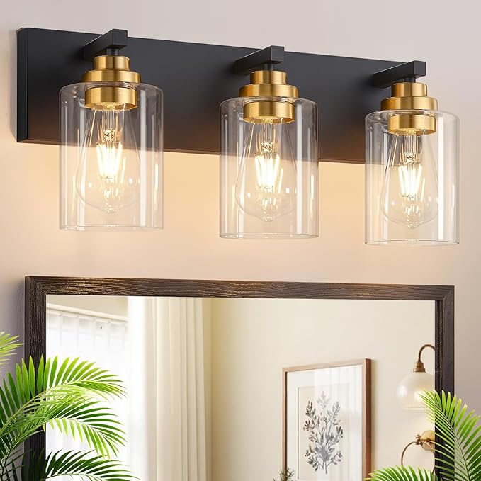Fivesun Bathroom Vanity Light Fixture, 3-Light Black and Gold Bathroom Light Fixtures Over Mirror with Clear Glass Shades, Modern Vanity Lights for Bathroom Living Room Hallway (Bulbs Not Included)